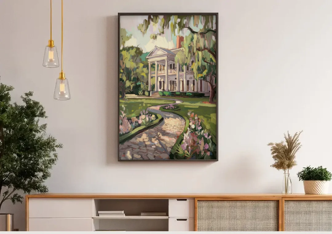 Marietta Southern Elegance canvas wall art above a wooden sideboard under pendant lights