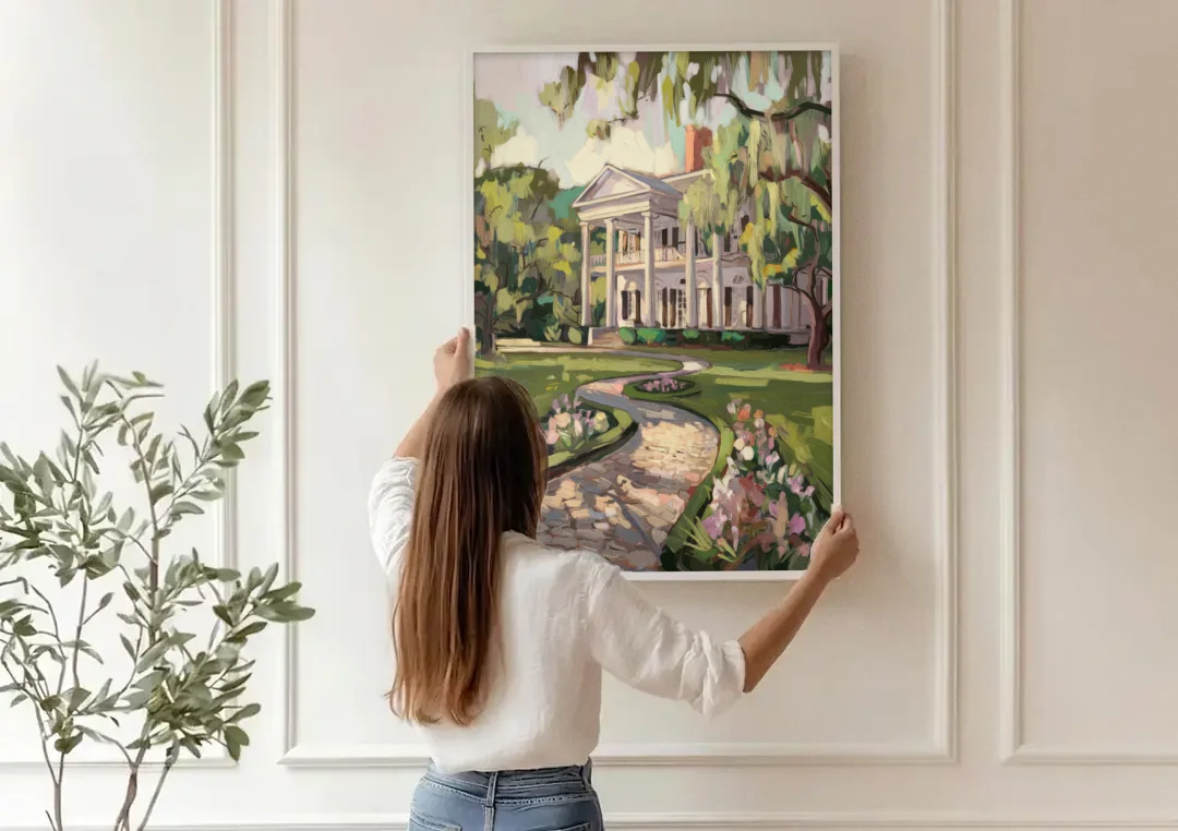 Marietta Southern Elegance canvas wall art being hung on a paneled wall