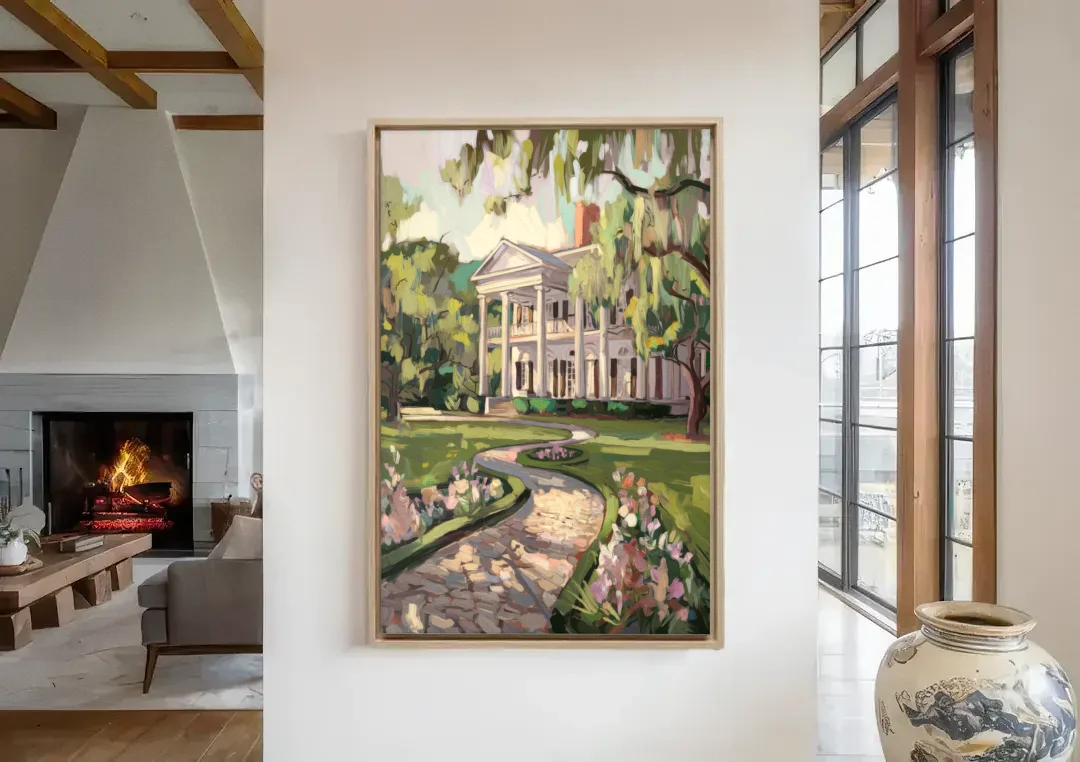 Marietta Southern Elegance canvas wall art in a living room with a fireplace