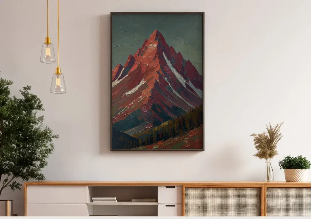 Maroon Wall Art of a Mountain Peak at Dusk canvas wall art above a wooden sideboard under pendant lights