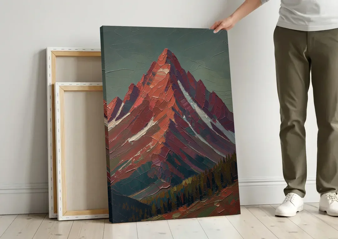 Maroon Wall Art of a Mountain Peak at Dusk canvas wall art leaning against a wall next to blank canvases