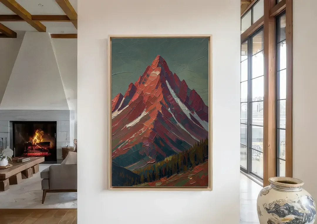 Maroon Wall Art of a Mountain Peak at Dusk canvas wall art in a living room with a fireplace