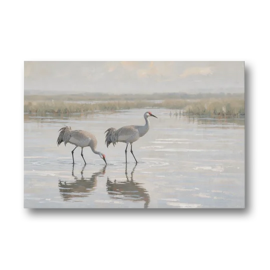 Marsh Landscape Painting with Two Sandhill Cranes - Canvas Wall Art - Front