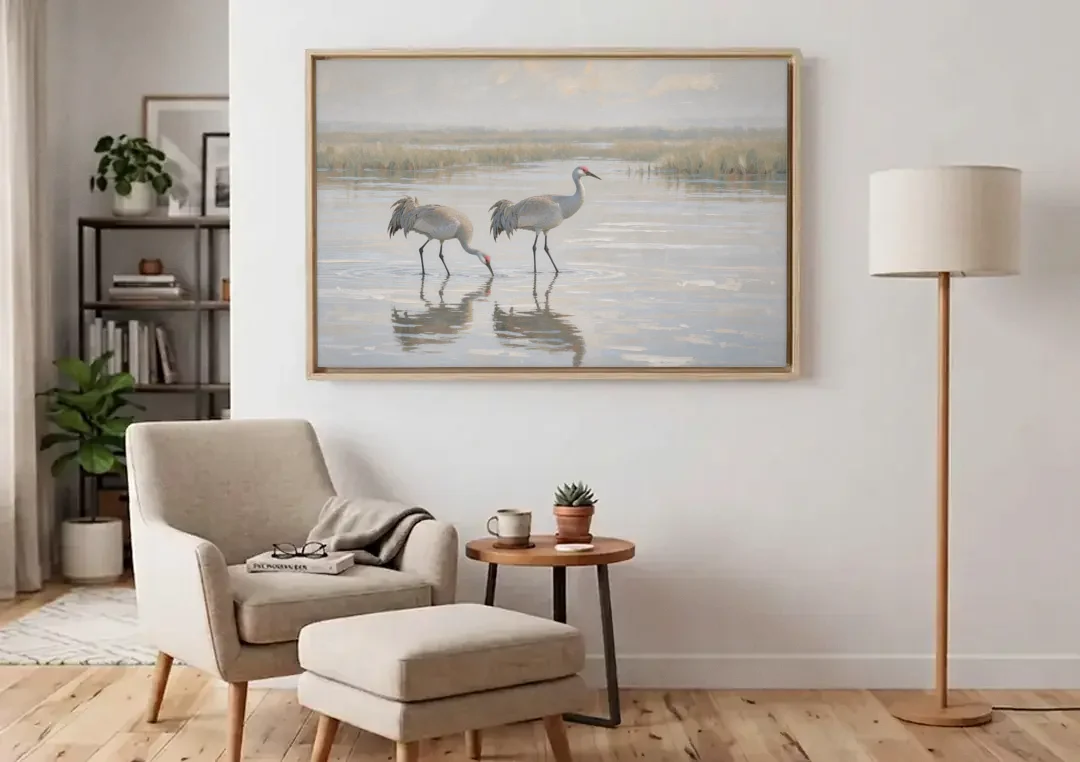 Marsh Landscape Painting with Two Sandhill Cranes canvas wall art above an armchair in a bright living room