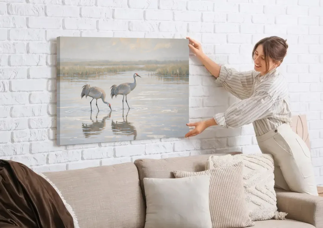 Marsh Landscape Painting with Two Sandhill Cranes canvas wall art being hung on a white brick wall above a sofa