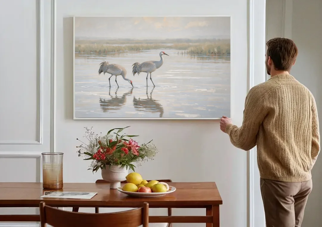 Marsh Landscape Painting with Two Sandhill Cranes canvas wall art above a dining table
