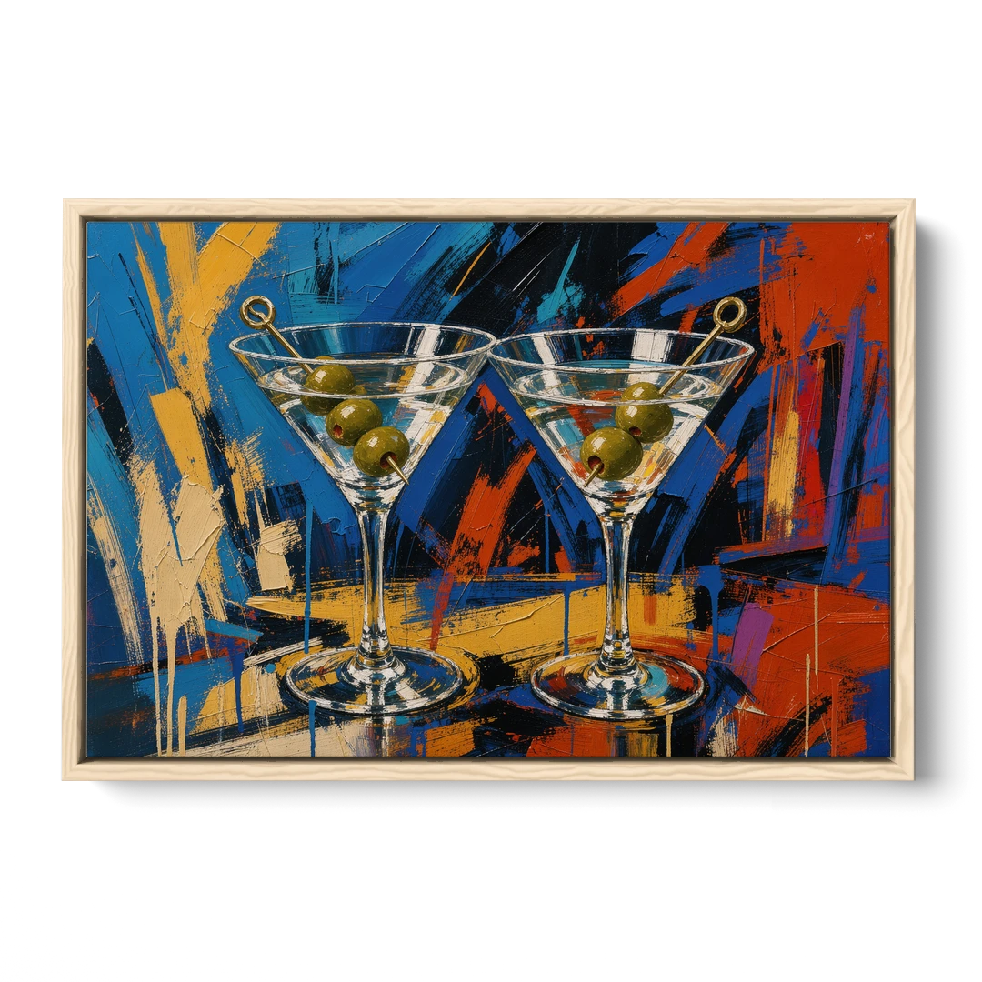 Martini Painting with Twin Olive Picks - Oak Framed Canvas Wall Art - Front