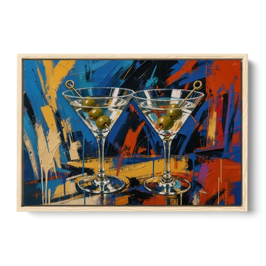 Martini Painting with Twin Olive Picks - Oak Framed Canvas Wall Art - Front