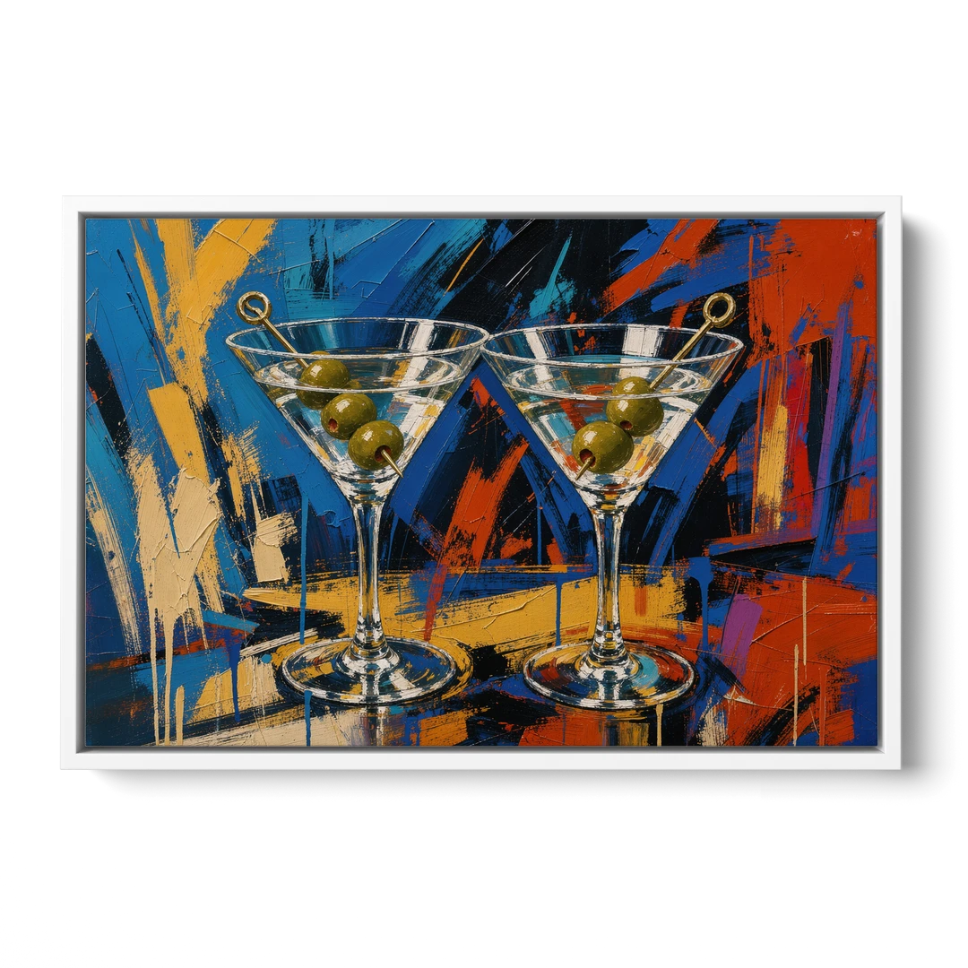 Martini Painting with Twin Olive Picks - White Framed Canvas Wall Art - Front