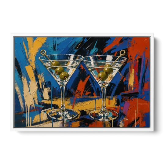 Martini Painting with Twin Olive Picks - White Framed Canvas Wall Art - Front