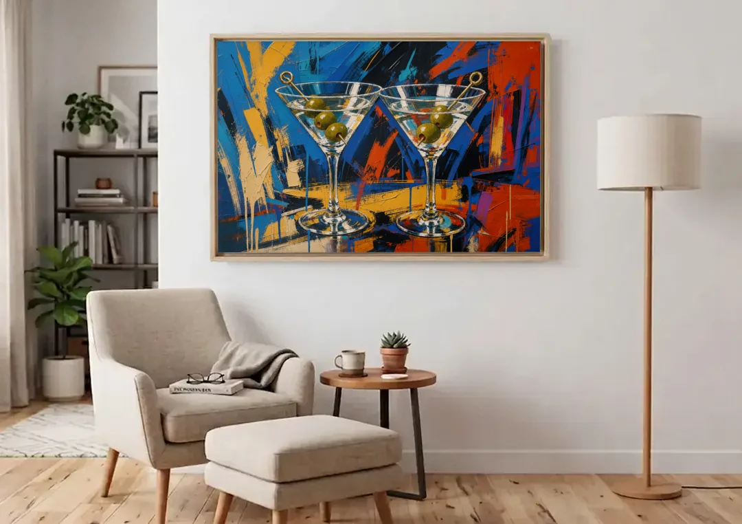 Martini Painting with Twin Olive Picks canvas wall art above an armchair in a bright living room