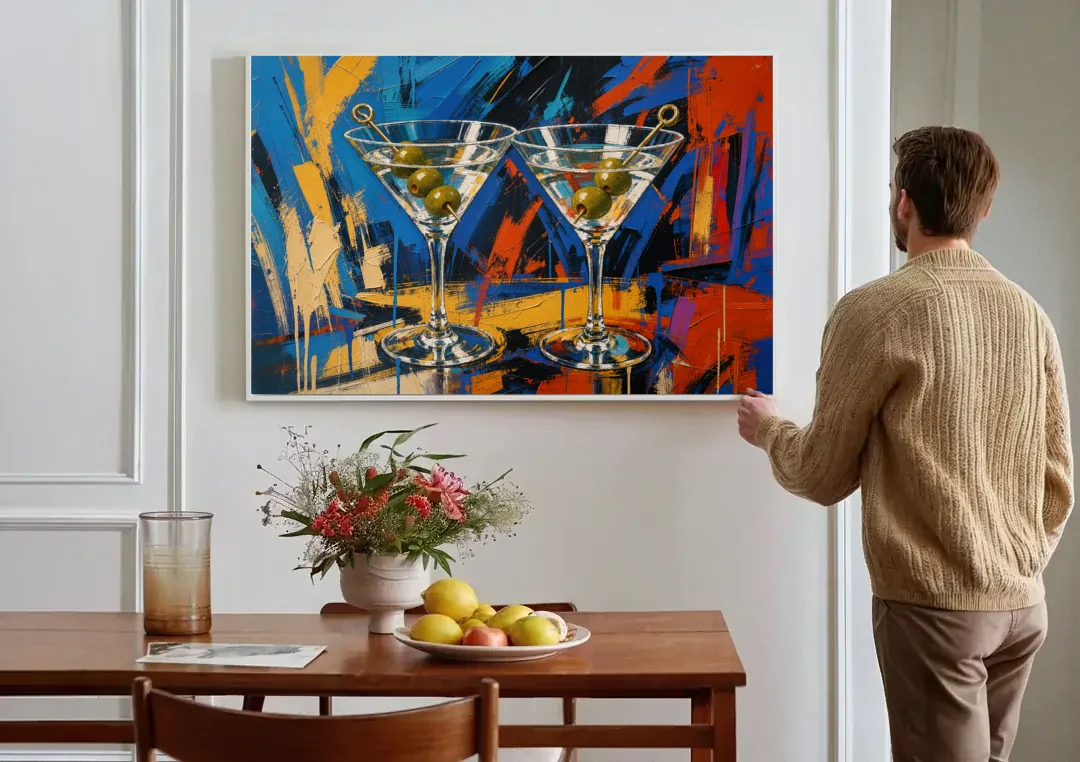 Martini Painting with Twin Olive Picks canvas wall art above a dining table