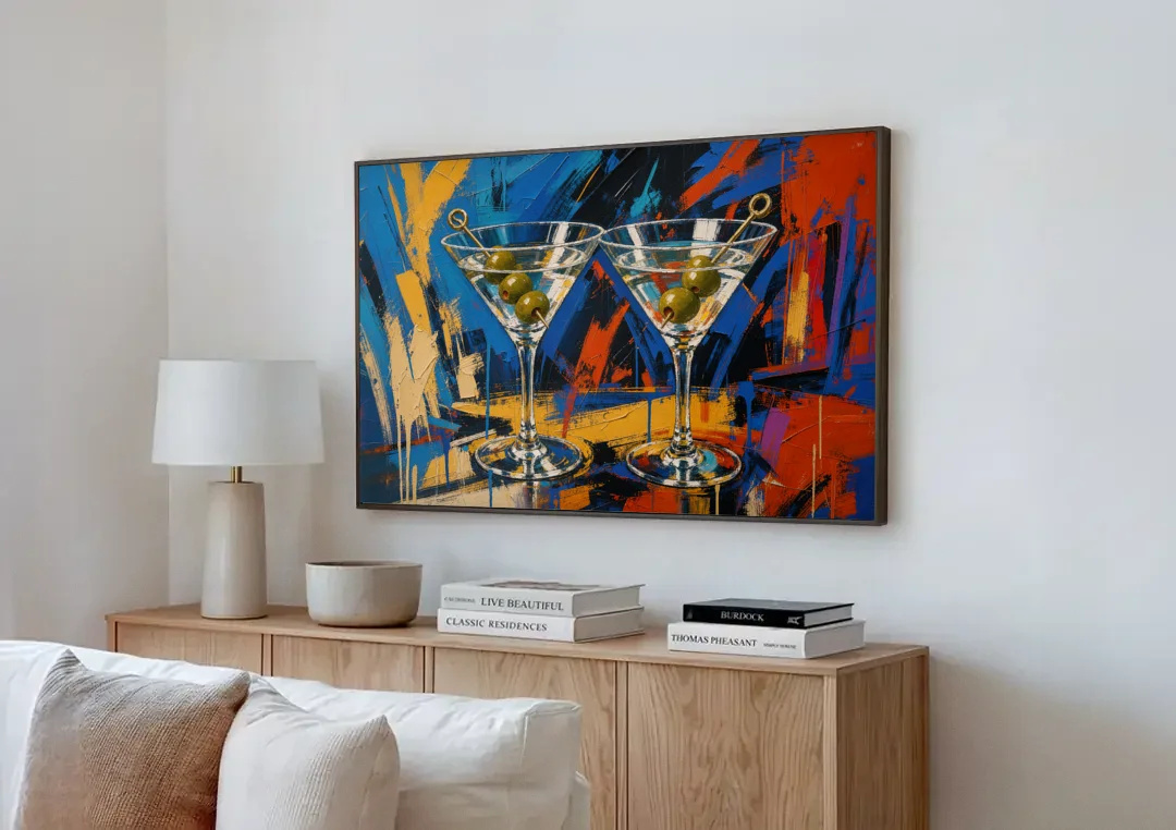 Martini Painting with Twin Olive Picks canvas wall art above a wooden sideboard next to a sofa