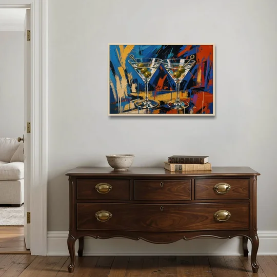 Martini Painting with Twin Olive Picks - Oak Framed Canvas Wall Art - Coffee Table - 36x24