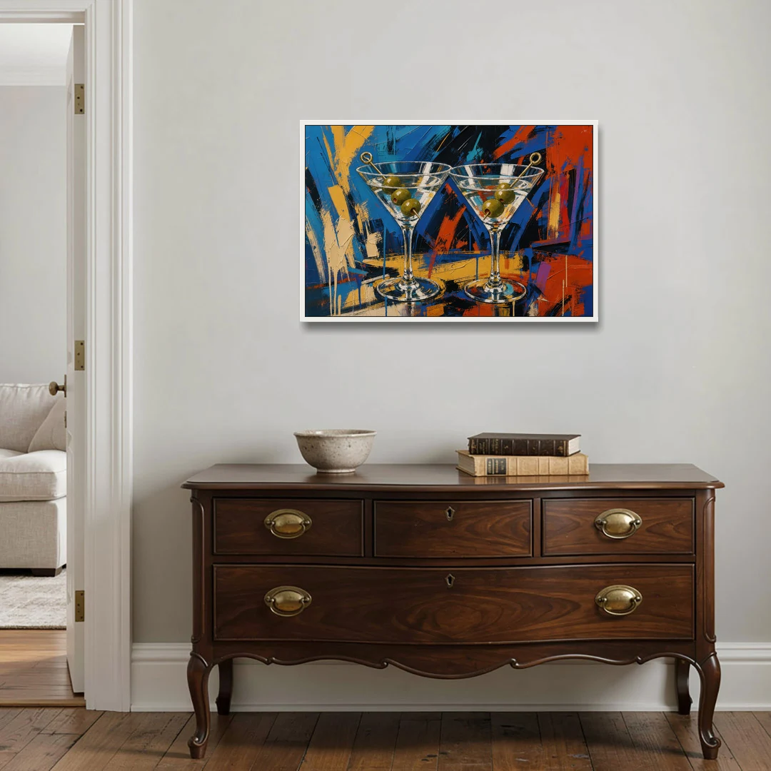 Martini Painting with Twin Olive Picks - White Framed Canvas Wall Art - Coffee Table - 36x24