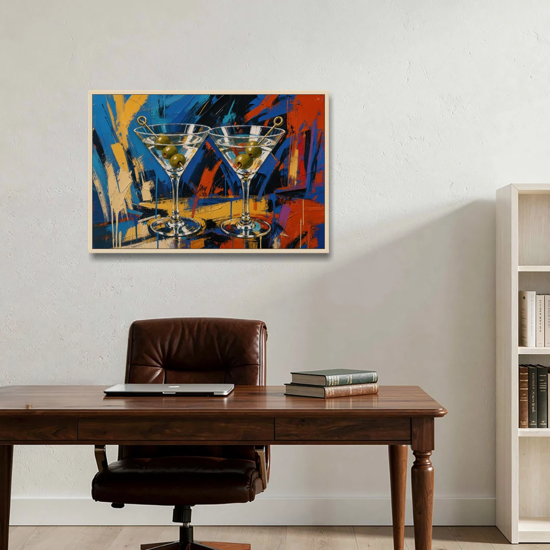 Martini Painting with Twin Olive Picks - Oak Framed Canvas Wall Art - Office - 36x24