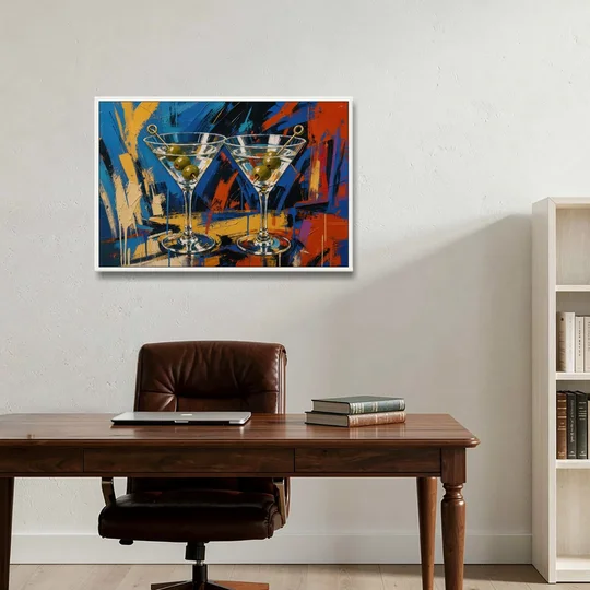 Martini Painting with Twin Olive Picks - White Framed Canvas Wall Art - Office - 36x24
