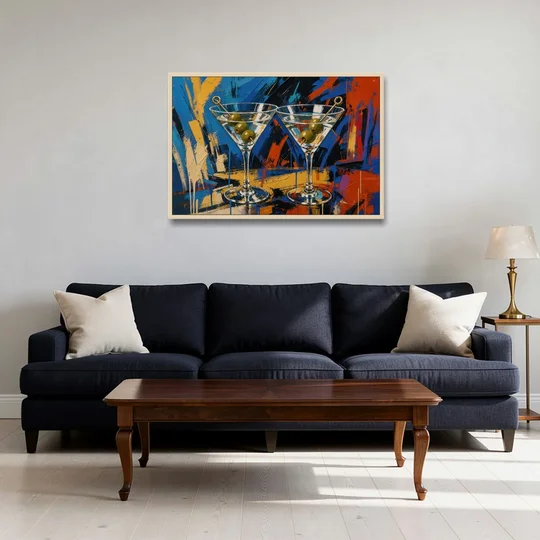 Martini Painting with Twin Olive Picks - Oak Framed Canvas Wall Art - Sofa - 36x24