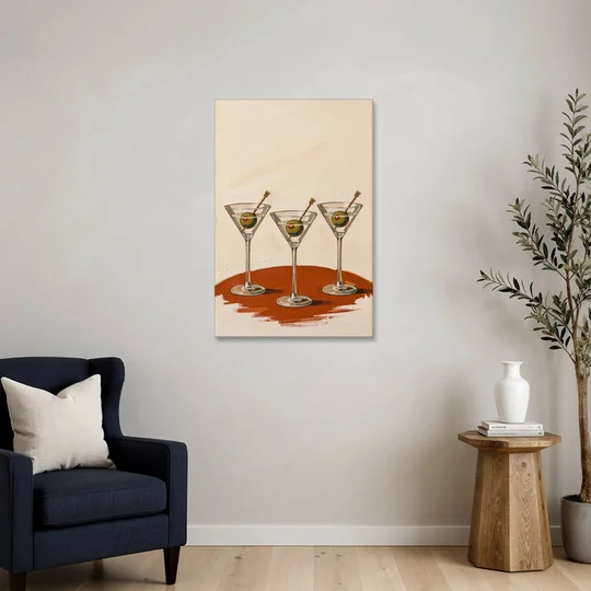 Martini Wall Art Trio with Green Olives - Canvas Wall Art - Sofa - 24x36