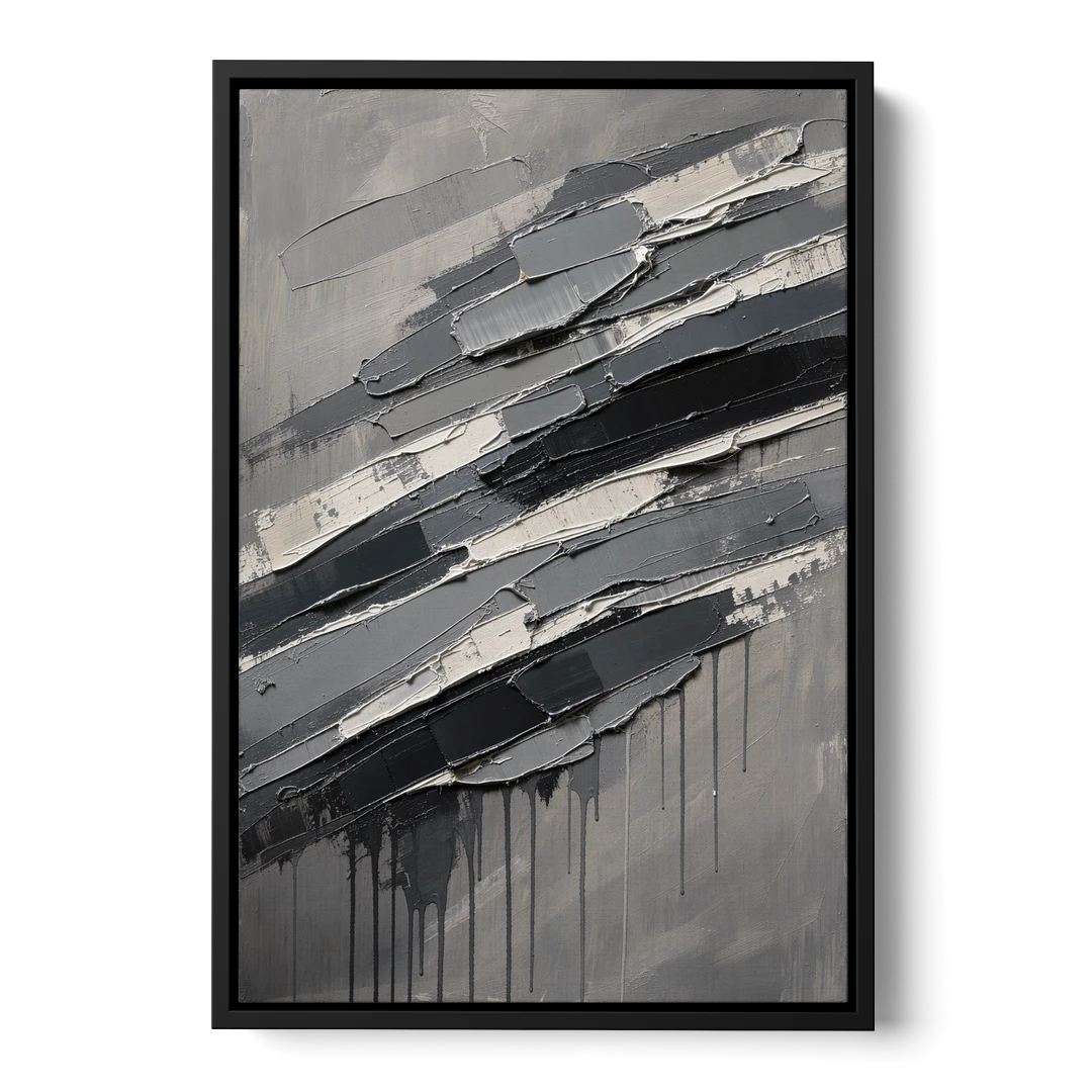 Masculine Abstract Slate Strata with White Seams - Black Framed Canvas Wall Art - Front