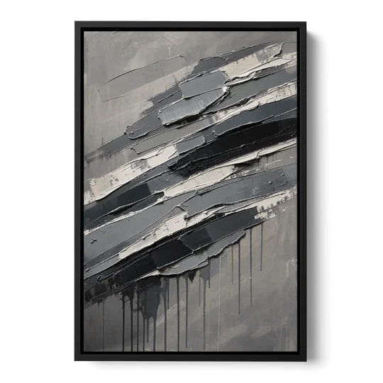 Masculine Abstract Slate Strata with White Seams - Black Framed Canvas Wall Art - Front