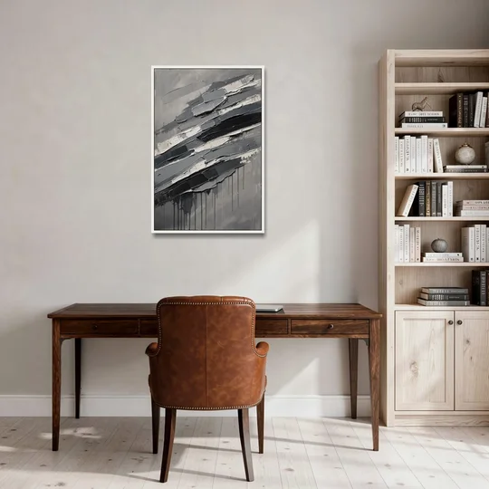 Masculine Abstract Slate Strata with White Seams - White Framed Canvas Wall Art - Office - 24x36