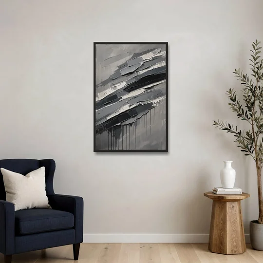 Masculine Abstract Slate Strata with White Seams - Black Framed Canvas Wall Art - Sofa - 24x36