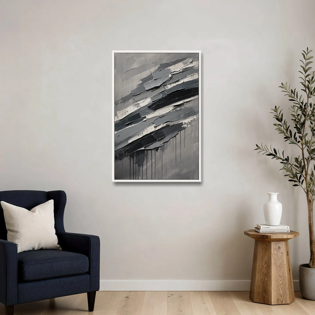 Masculine Abstract Slate Strata with White Seams - White Framed Canvas Wall Art - Sofa - 24x36