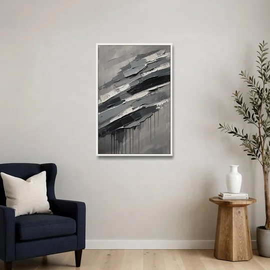 Masculine Abstract Slate Strata with White Seams - White Framed Canvas Wall Art - Sofa - 24x36