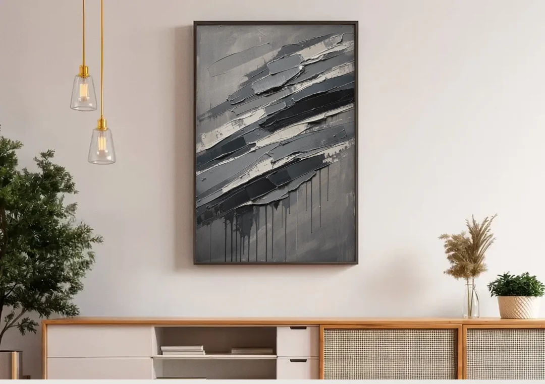 Masculine Abstract Slate Strata with White Seams canvas wall art above a wooden sideboard under pendant lights