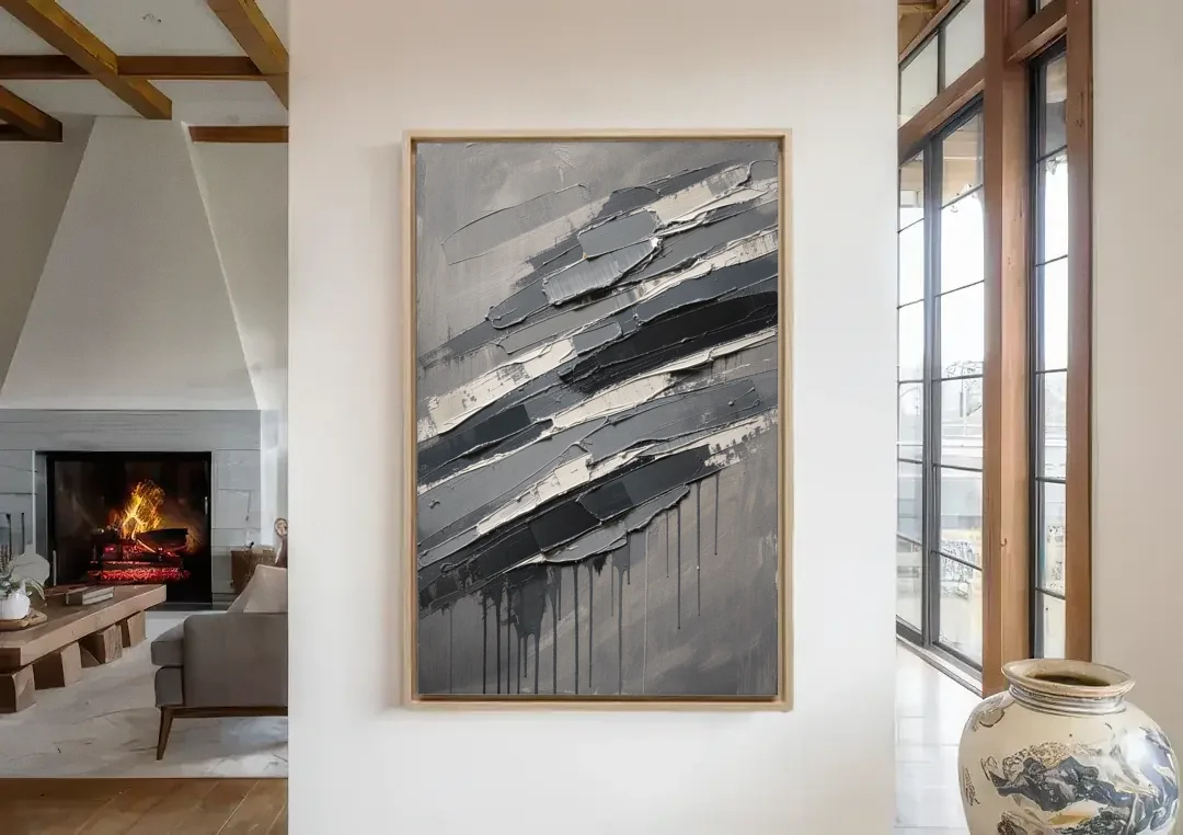 Masculine Abstract Slate Strata with White Seams canvas wall art in a living room with a fireplace