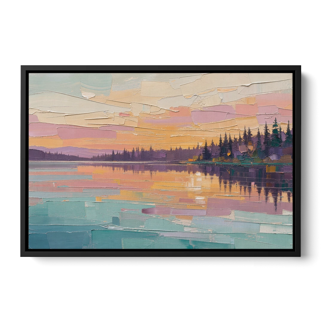 Master Bedroom Wall Art Above Bed Lake Sunset - Black Framed Canvas Wall Art - Front