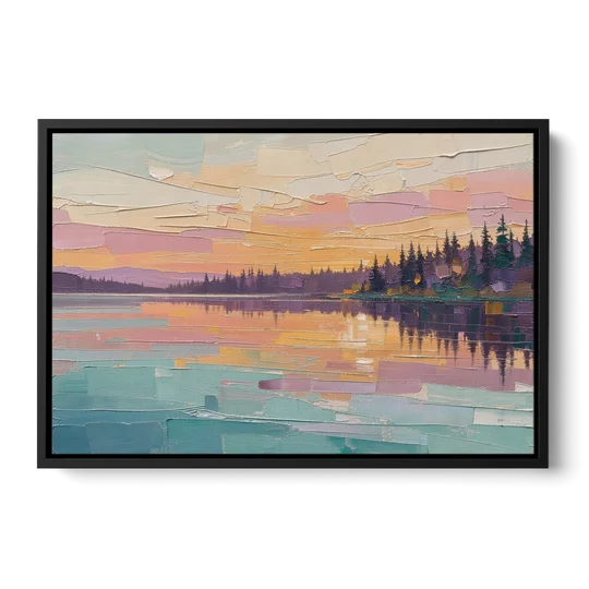 Master Bedroom Wall Art Above Bed Lake Sunset - Black Framed Canvas Wall Art - Front