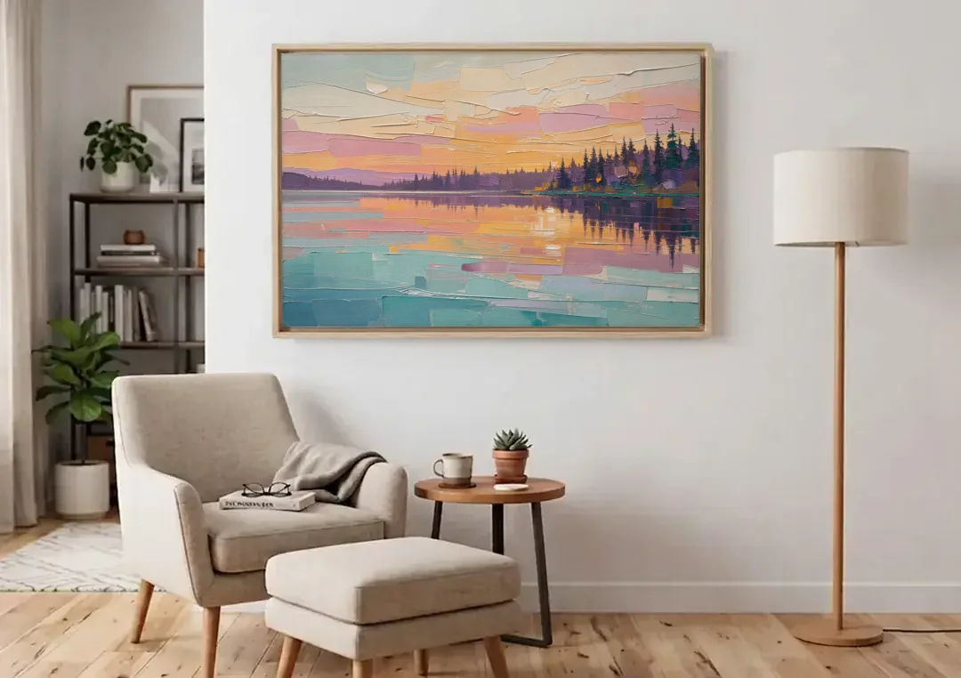 Master Bedroom Wall Art Above Bed Lake Sunset canvas wall art above an armchair in a bright living room