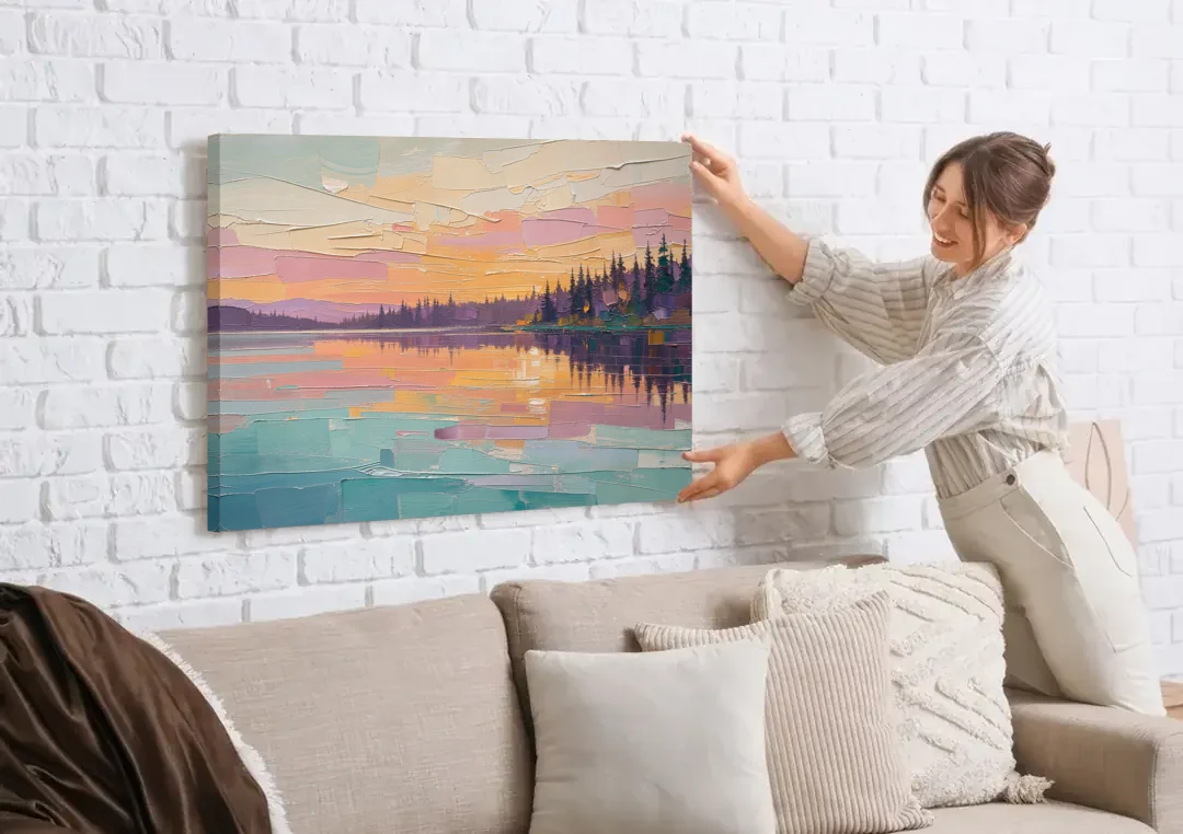 Master Bedroom Wall Art Above Bed Lake Sunset canvas wall art being hung on a white brick wall above a sofa