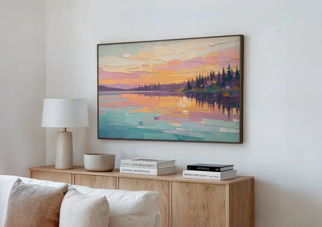 Master Bedroom Wall Art Above Bed Lake Sunset canvas wall art above a wooden sideboard next to a sofa