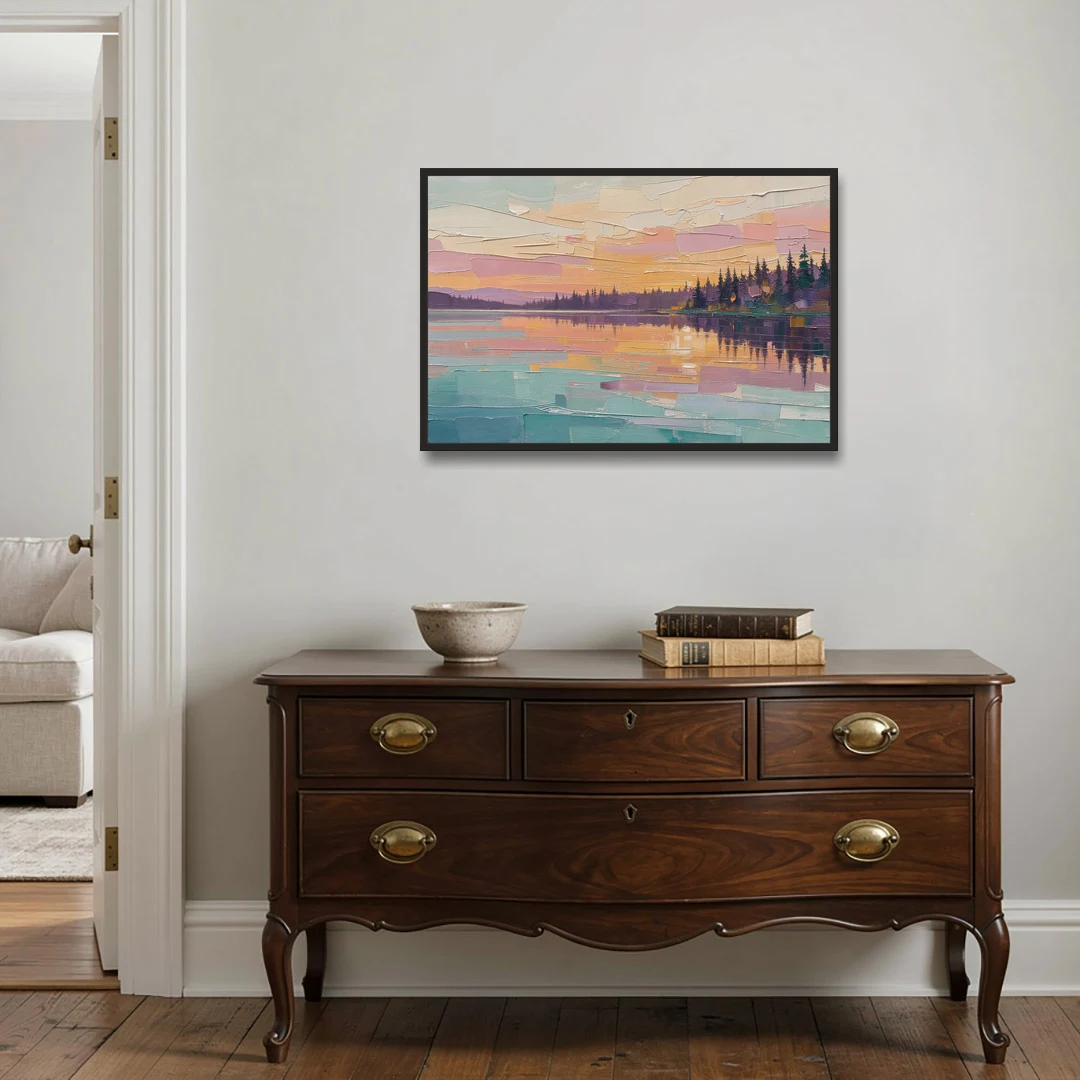 Master Bedroom Wall Art Above Bed Lake Sunset - Black Framed Canvas Wall Art - Coffee Table - 36x24