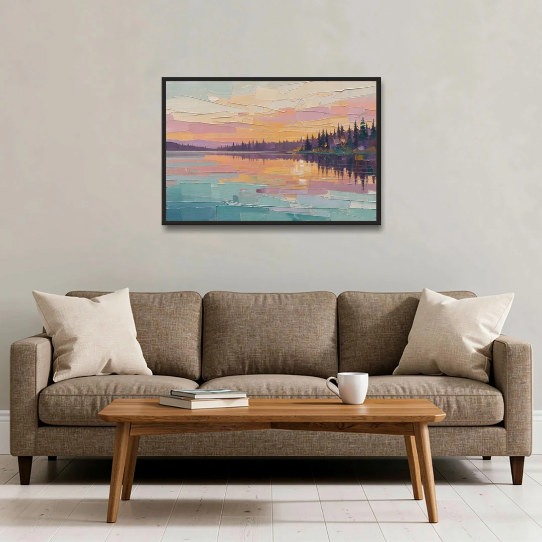 Master Bedroom Wall Art Above Bed Lake Sunset - Black Framed Canvas Wall Art - Sofa - 36x24