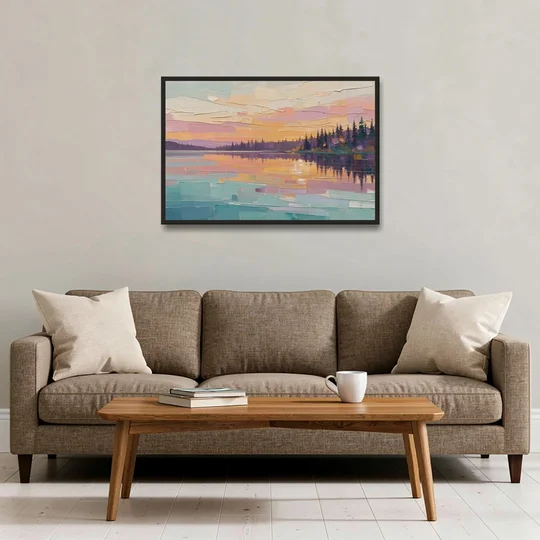 Master Bedroom Wall Art Above Bed Lake Sunset - Black Framed Canvas Wall Art - Sofa - 36x24