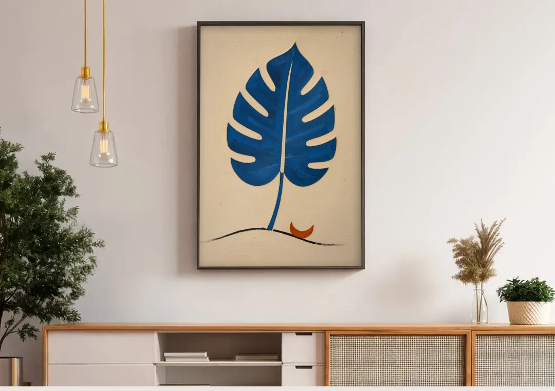 Matisse Wall Art Cobalt Leaf with Vermilion Moon canvas wall art above a wooden sideboard under pendant lights