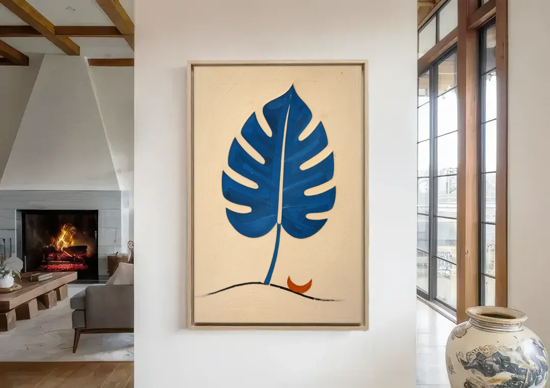 Matisse Wall Art Cobalt Leaf with Vermilion Moon canvas wall art in a living room with a fireplace