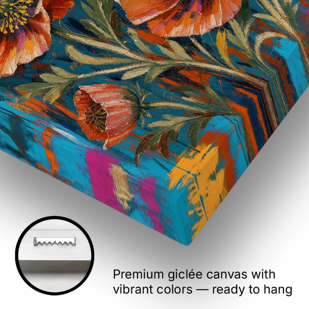 Maximalist Wall Decor with Rust Poppies on Teal - Canvas Wall Art - Gallery Wrap Corner