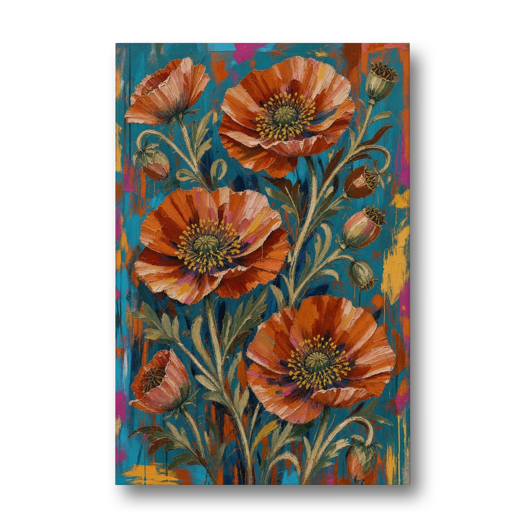Maximalist Wall Decor with Rust Poppies on Teal - Canvas Wall Art - Front