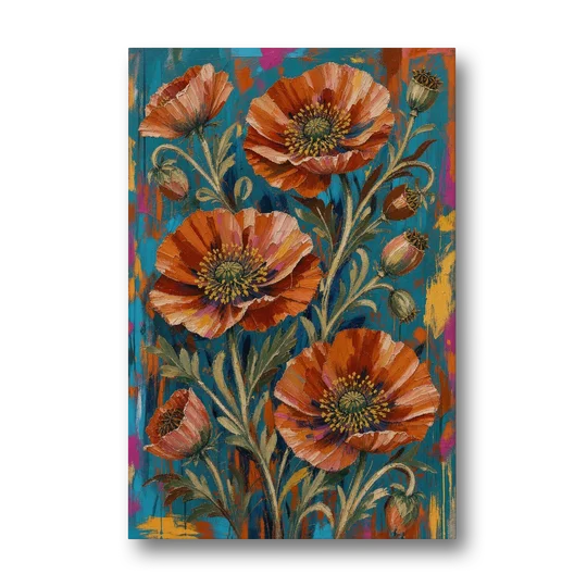 Maximalist Wall Decor with Rust Poppies on Teal - Canvas Wall Art - Front