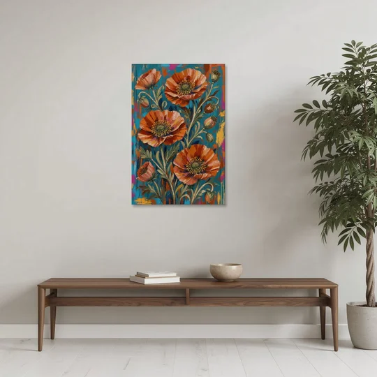 Maximalist Wall Decor with Rust Poppies on Teal - Canvas Wall Art - Coffee Table - 24x36