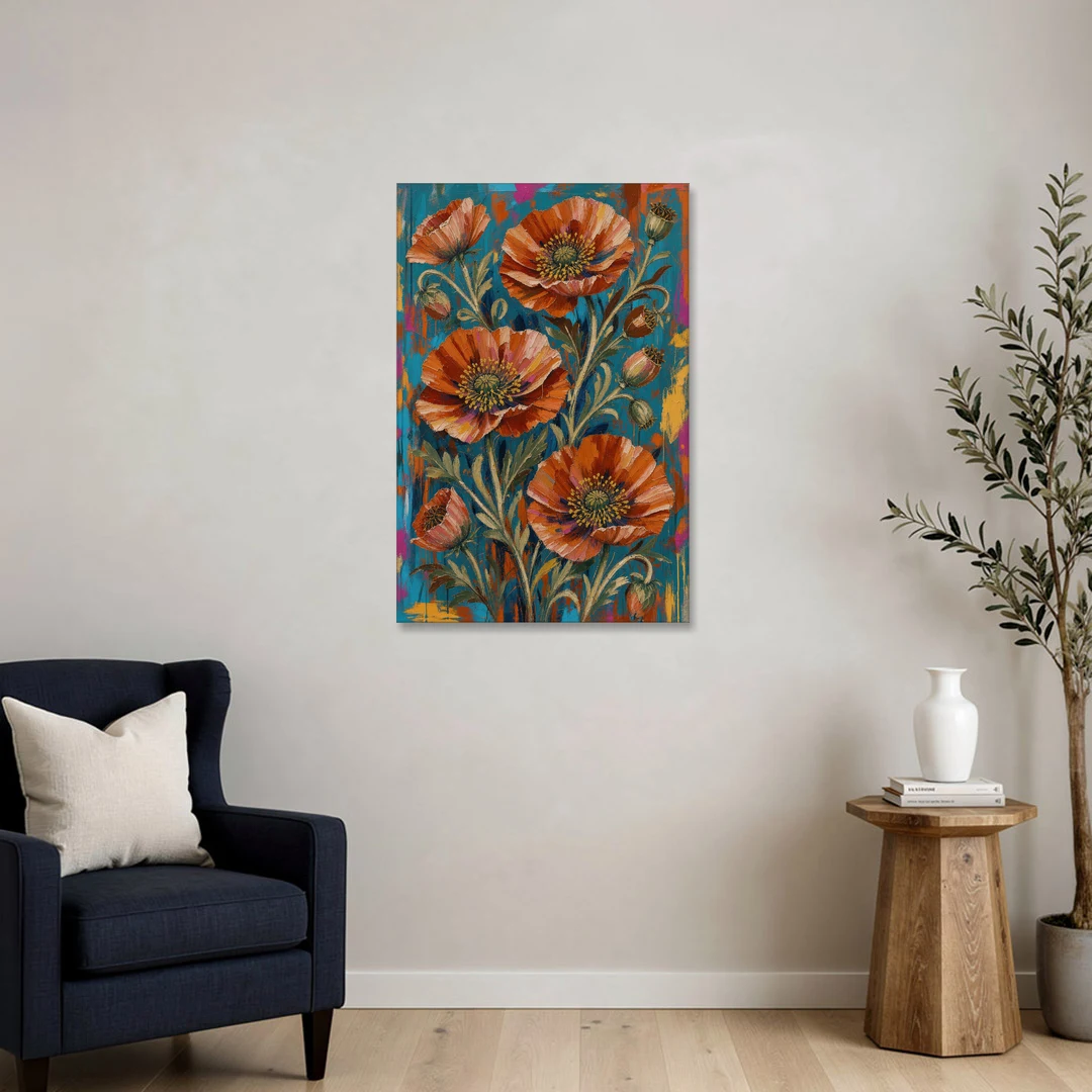 Maximalist Wall Decor with Rust Poppies on Teal - Canvas Wall Art - Sofa - 24x36