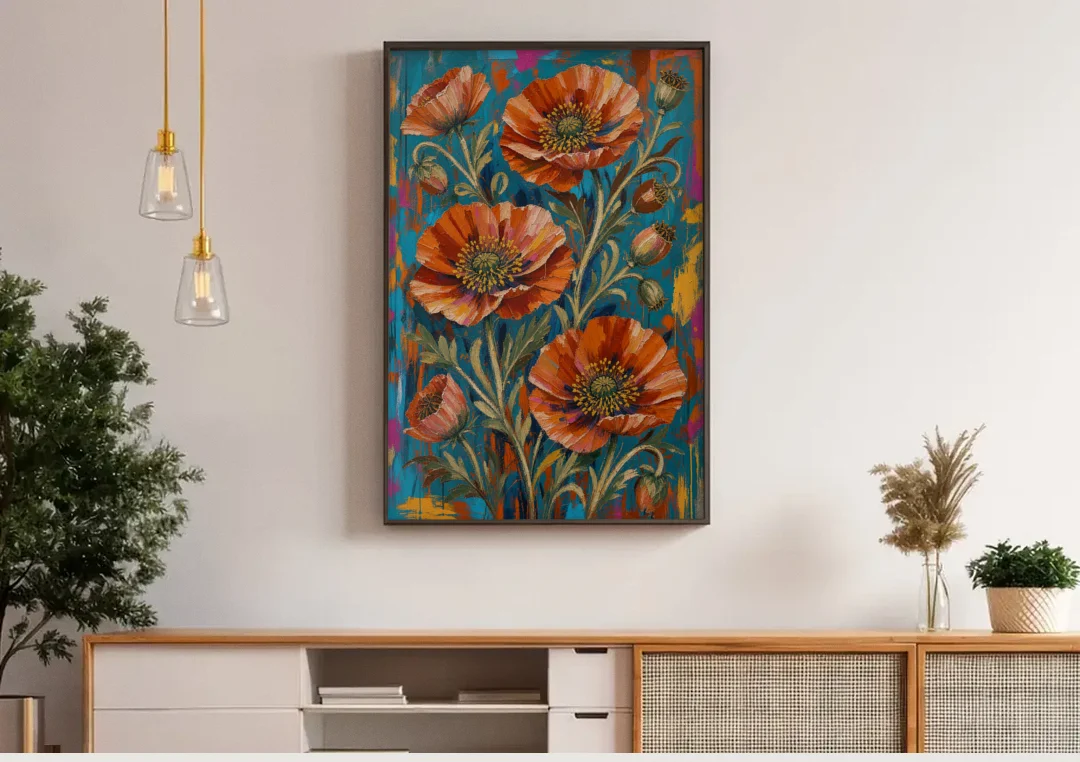 Maximalist Wall Decor with Rust Poppies on Teal canvas wall art above a wooden sideboard under pendant lights