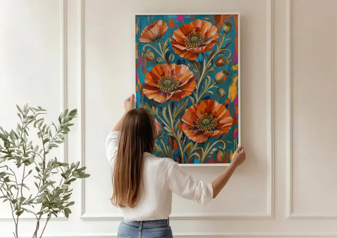 Maximalist Wall Decor with Rust Poppies on Teal canvas wall art being hung on a paneled wall