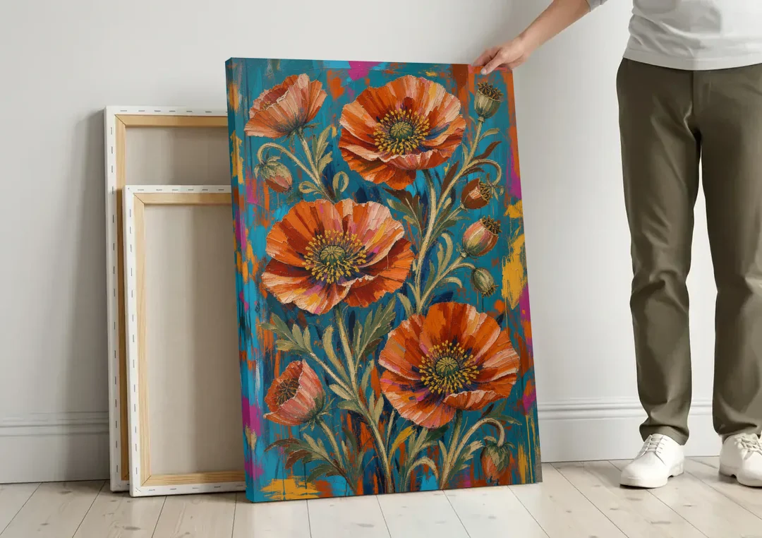 Maximalist Wall Decor with Rust Poppies on Teal canvas wall art leaning against a wall next to blank canvases