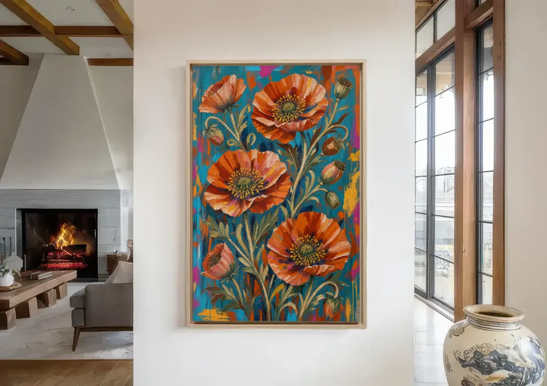 Maximalist Wall Decor with Rust Poppies on Teal canvas wall art in a living room with a fireplace